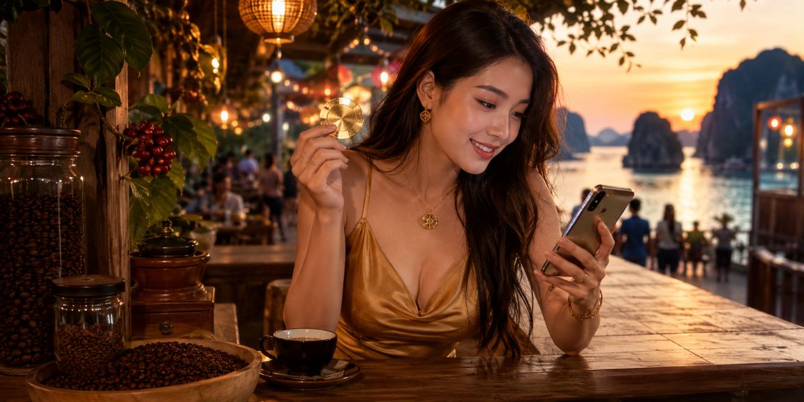 Người dùng tại Hạ Long truy cập ct36 trên điện thoại bên tách cà phê, kiểm tra giao dịch tài chính và nạp tiền qua MoMo
